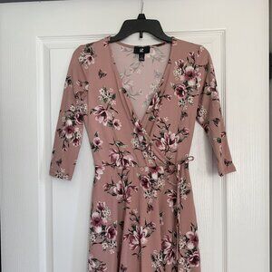 Faux Pink Wrap Dress with 3/4 Sleeves